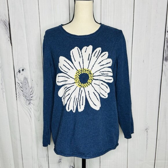 Coldwater Creek Daisy Sweater Sz L Embroidered Daisy Flower Minimalist Blue - Picture 1 of 9